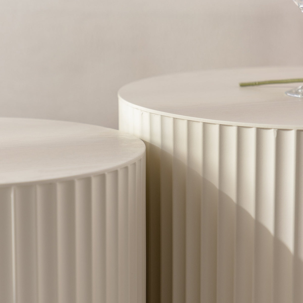 Beige Nesting Coffee Table Set of 2 – Modern Drum Side Tables with Wave Design - Beige