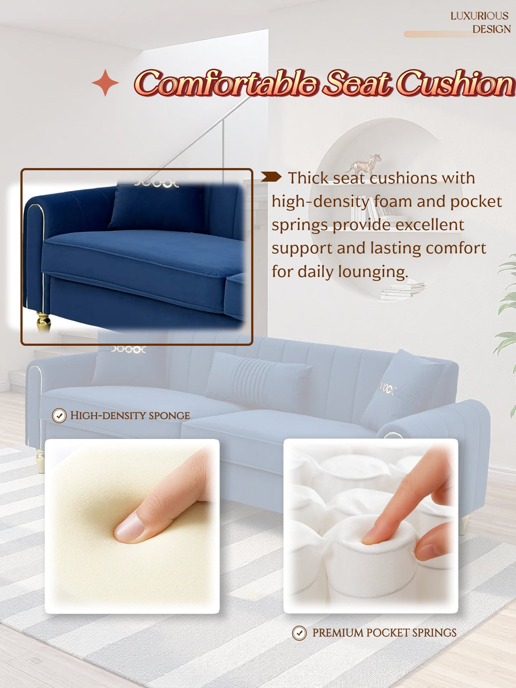 Upholstered 3-Seater Sofa with Metal Legs and Throw Pillows - 87.4 Inches