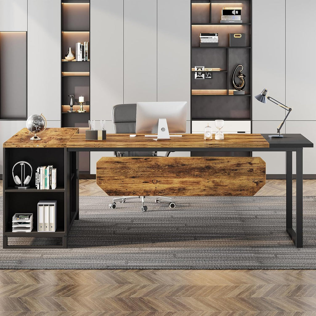 L-Shaped Executive Desk with File Cabinet and Storage - Light Brown or Dark Gray