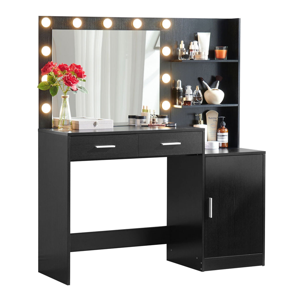 Vanity Desk with Mirror and Adjustable LED Lights - Black or Pink