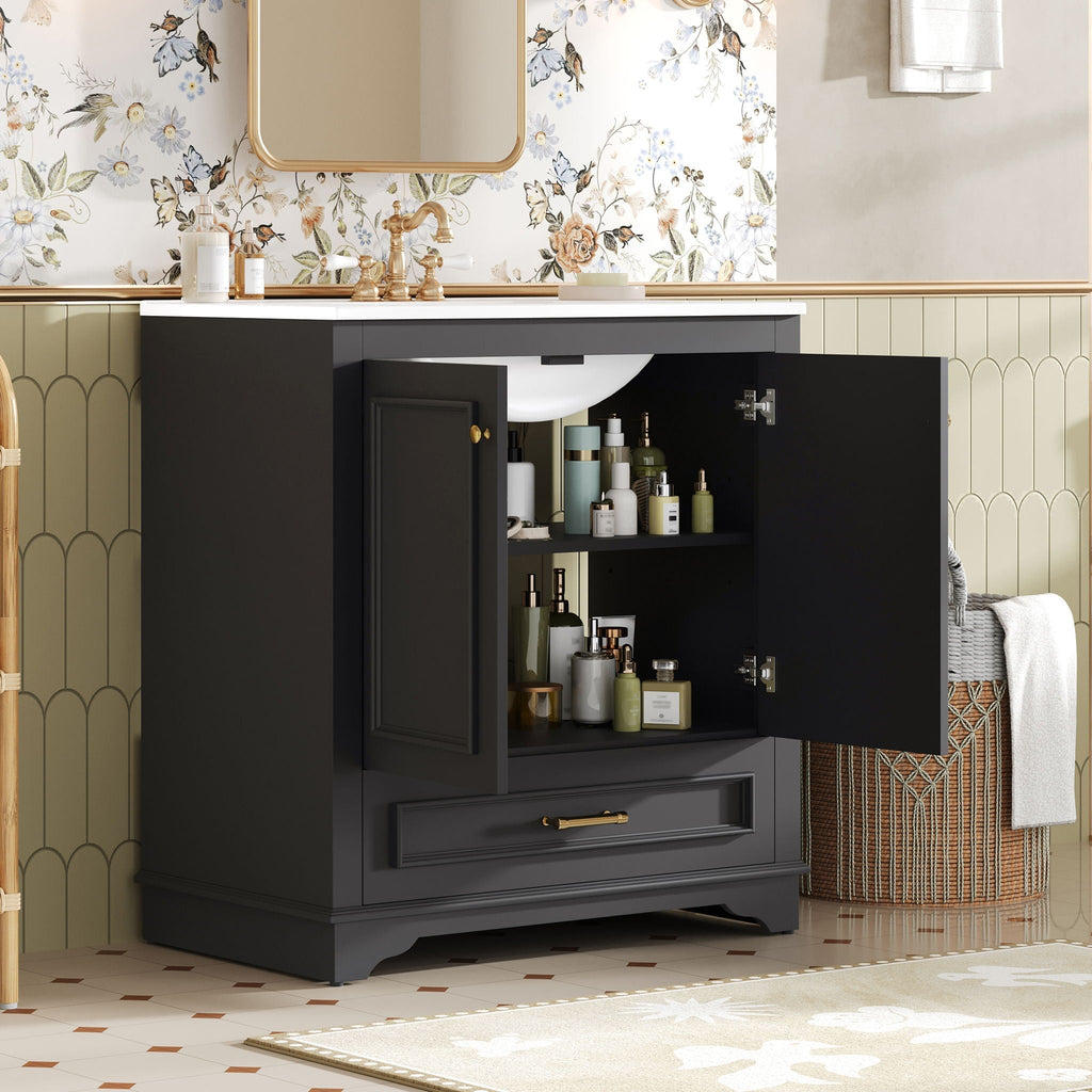Bathroom Vanity with Sink and Adjustable Shelf - White, Green, Black