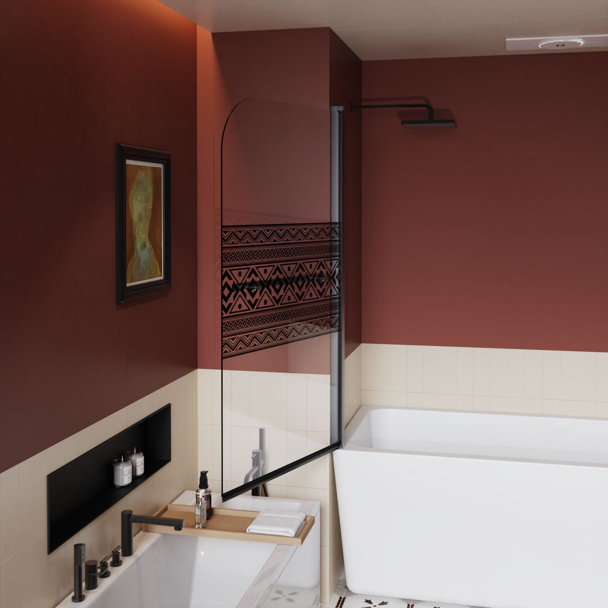 Bohemian Shower Door Bathtub with Tempered Glass and Handle - Matt Black