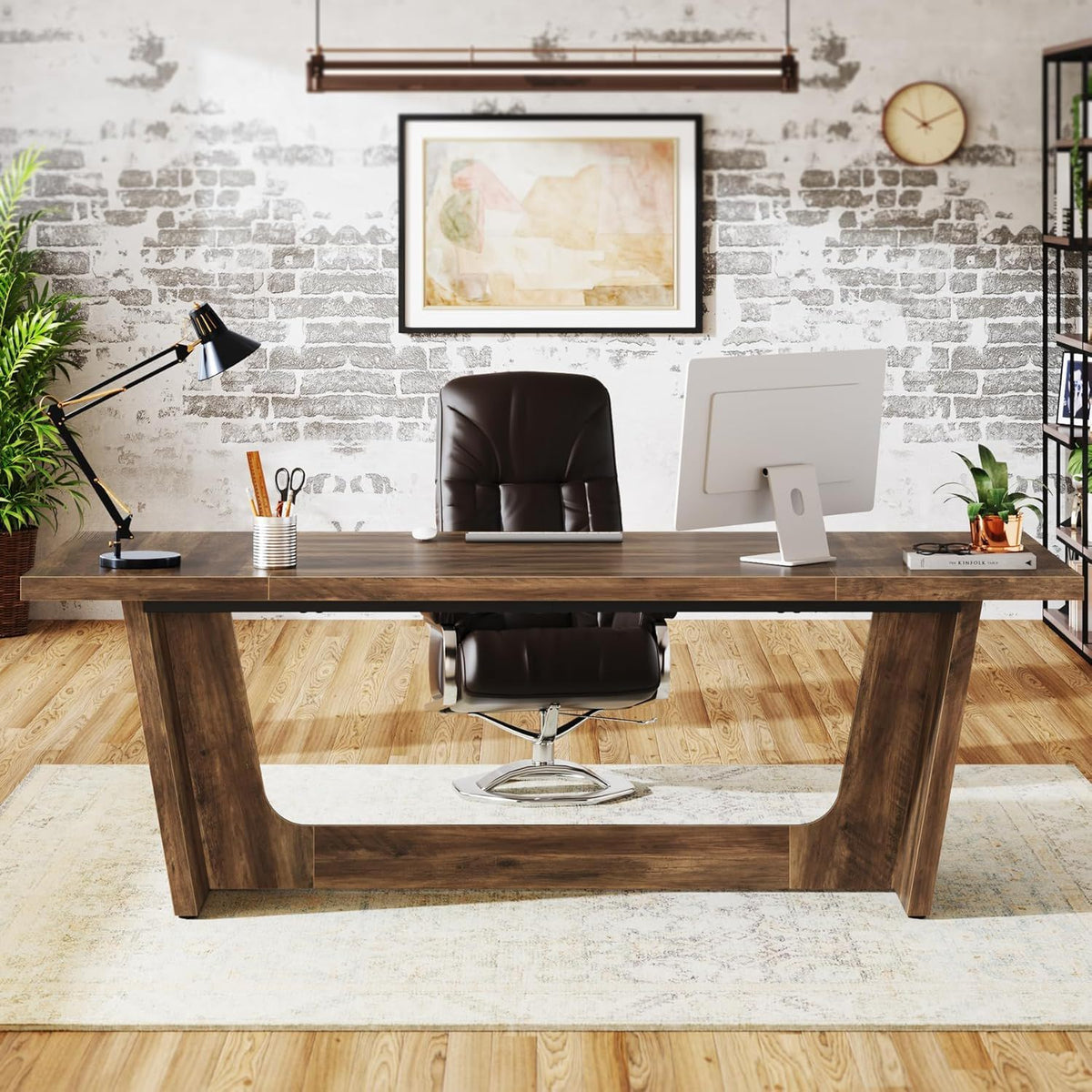 Executive Desk with Pedestal - Large Writing Workstation - Brown