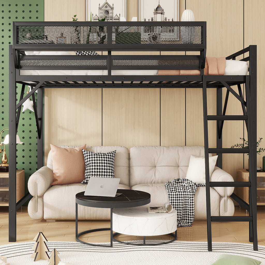 Full Size Loft Bed with Ladder and Storage Shelves - Black Metal