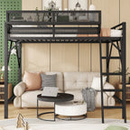 Full Size Loft Bed with Ladder and Storage Shelves - Black Metal