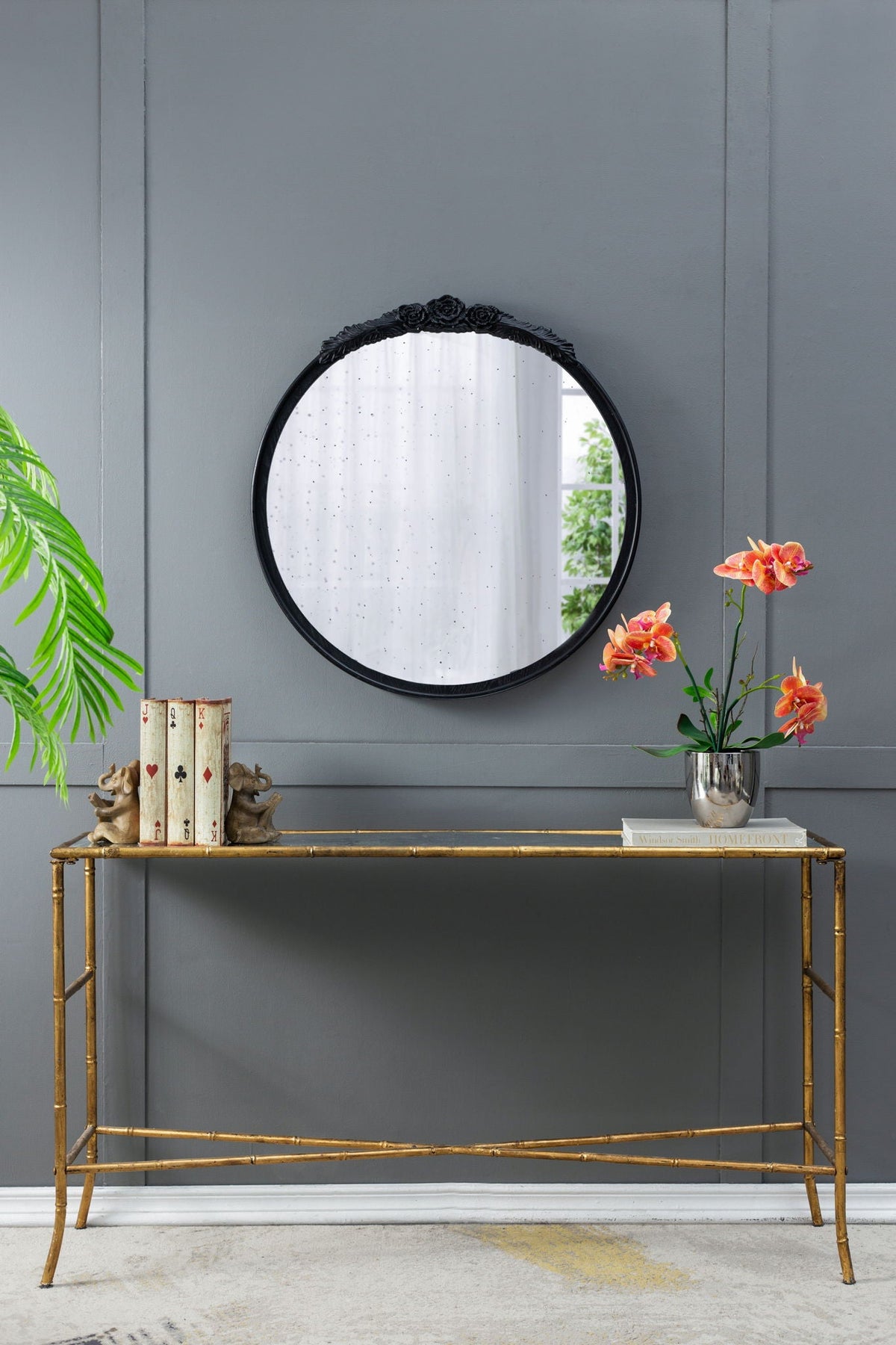 Round Hand Carved Rose Antique Wall Mirror with Intricate Detailing - Light Brown or Black