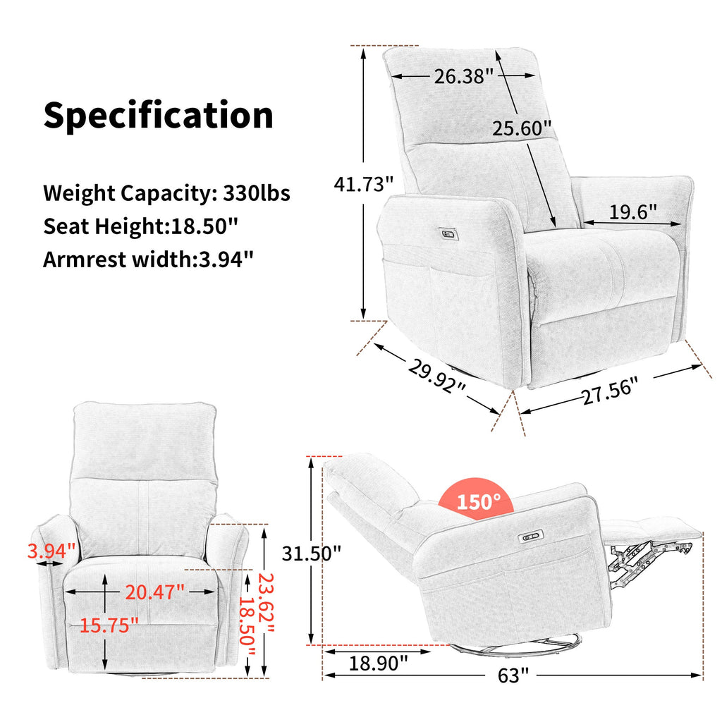 270° Power Swivel Rocker Recliner Chair, Light Gray