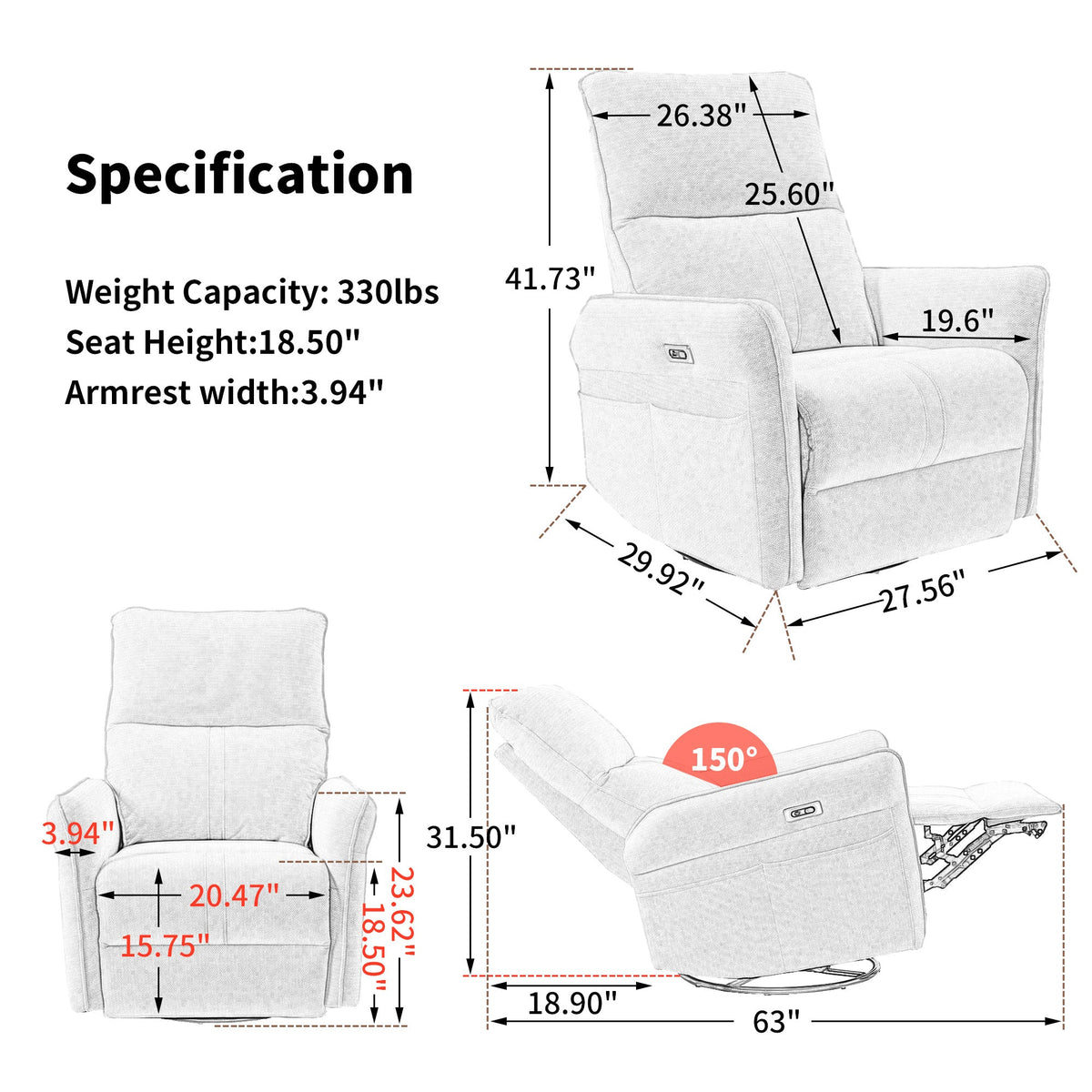 270° Power Swivel Rocker Recliner Chair, Light Gray