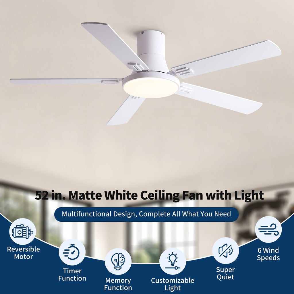 Flush Mount Ceiling Fan with LED Light and Remote Control - Black, White, Pearl Silver