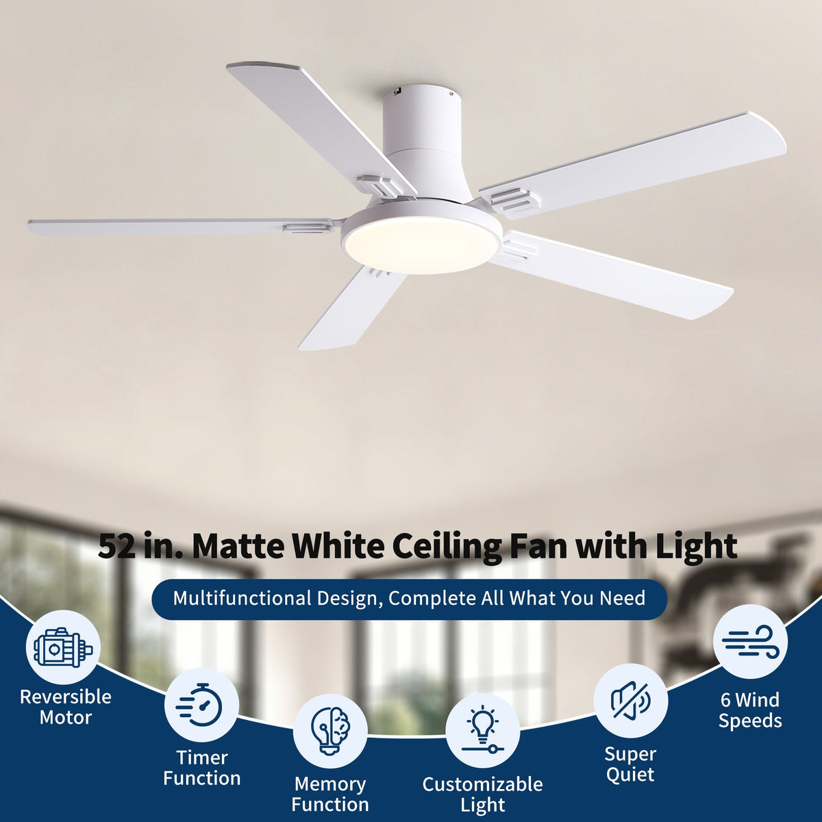 Flush Mount Ceiling Fan with LED Light and Remote Control - Black, White, Pearl Silver
