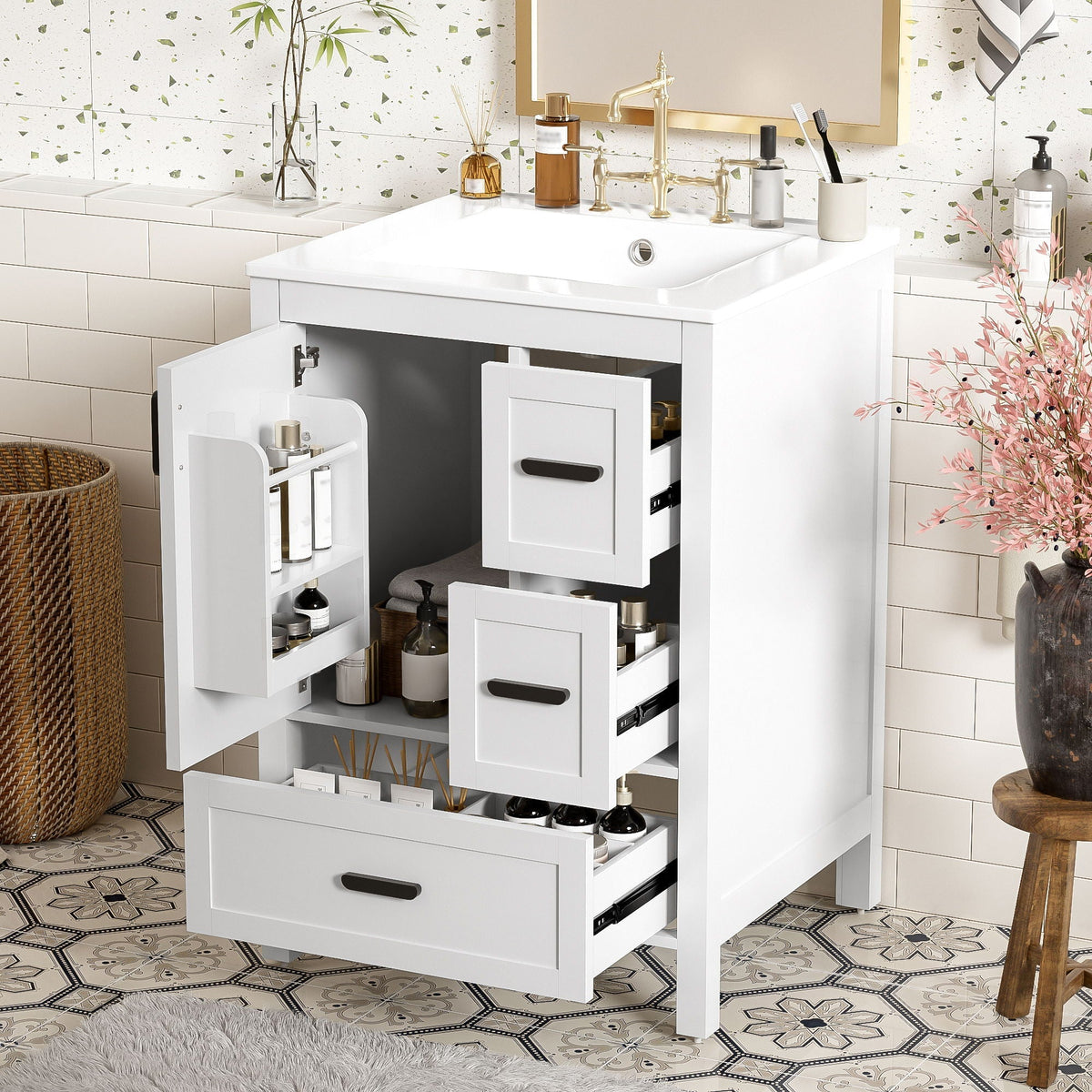 Bathroom Vanity with Sink, Soft-Close Doors & 3 Drawers - White, Black, Green