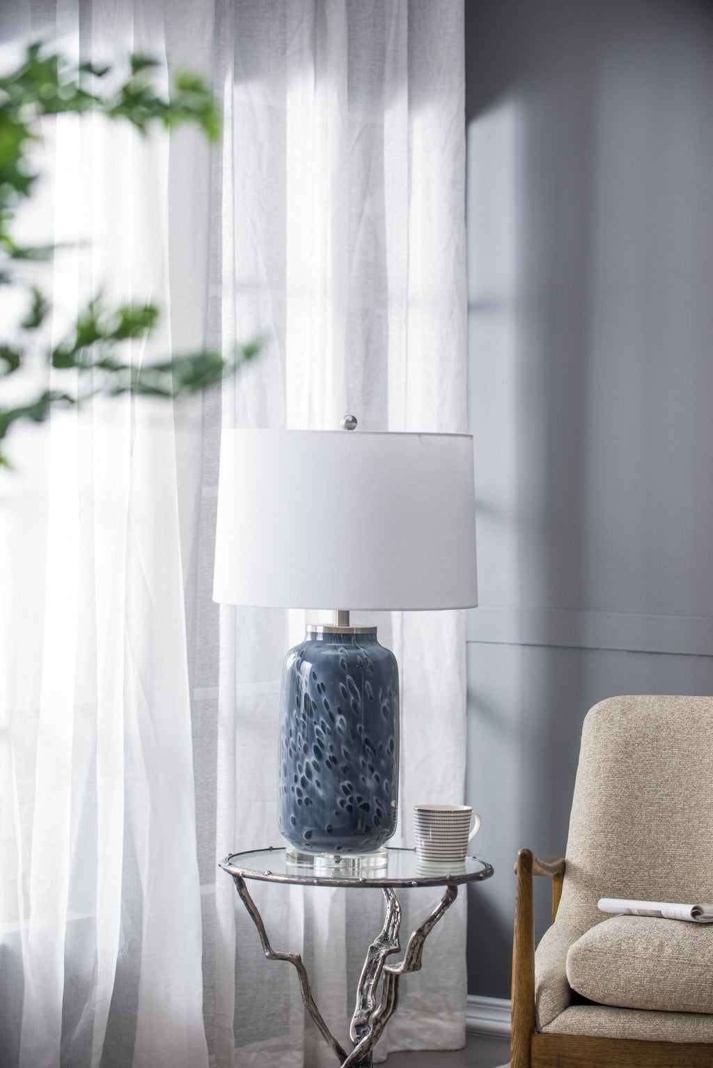 Ellis Glass Table Lamp with Blue Base and Linen Shade