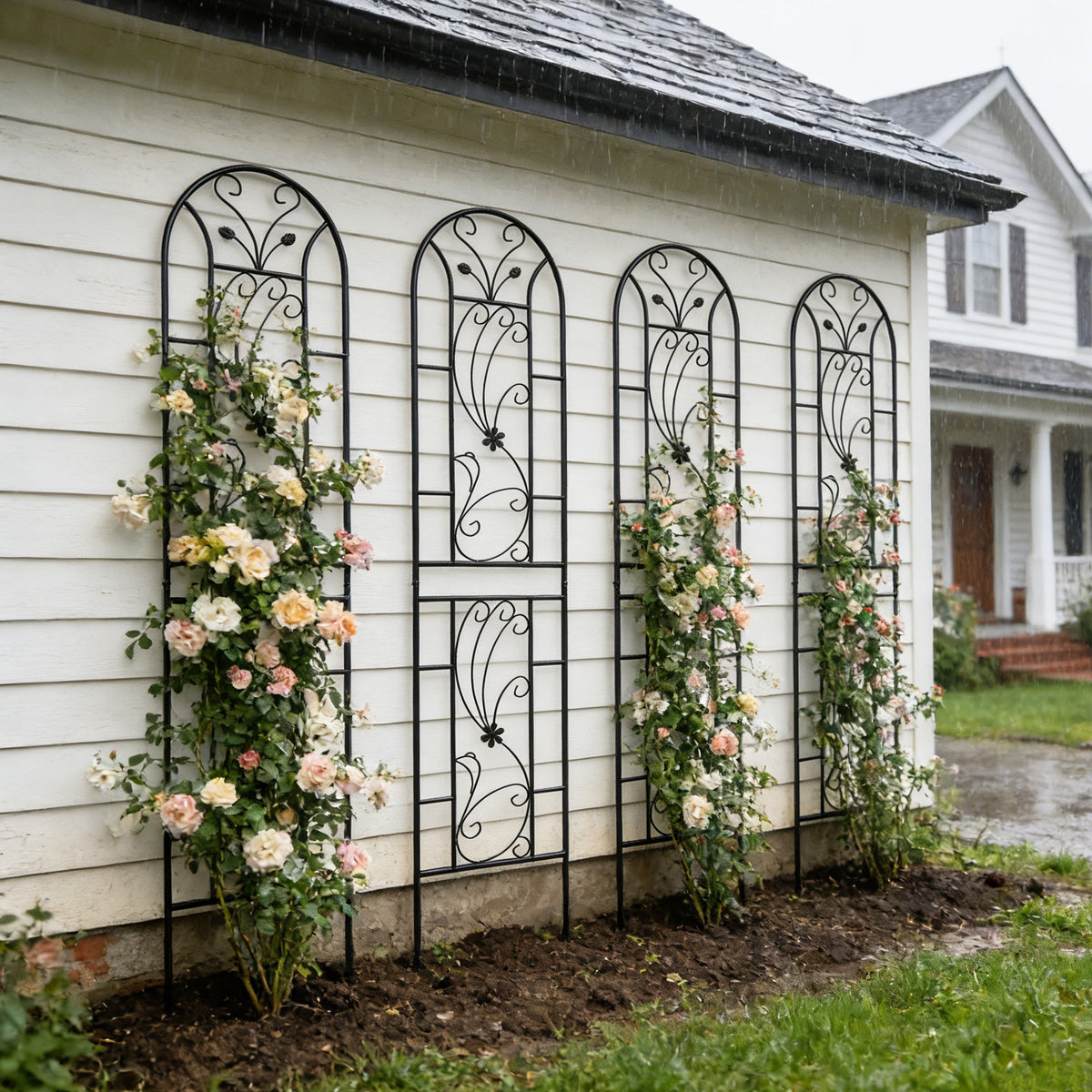 4 Pack Metal Garden Trellis with Decorative Peacock Design - Rustproof Iron