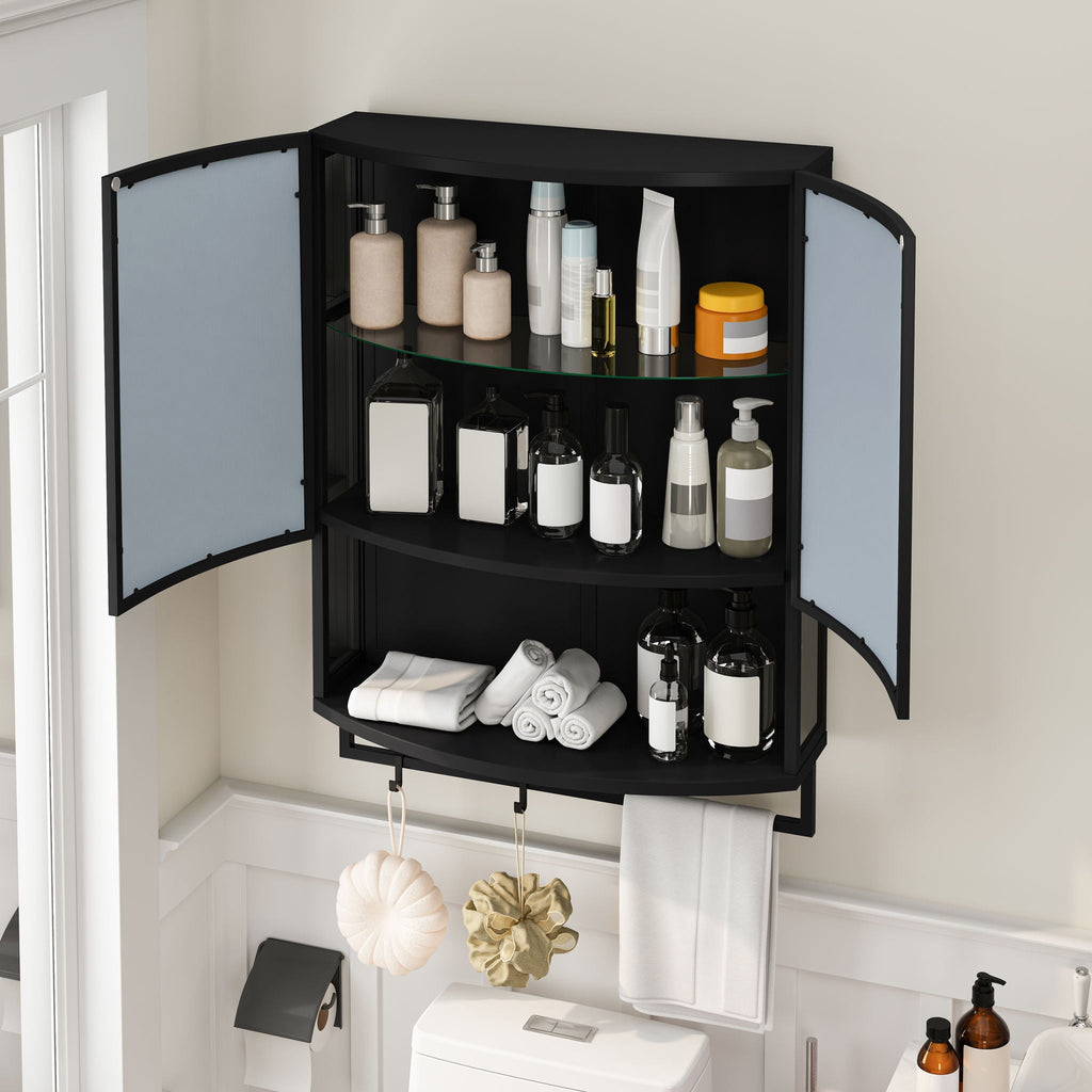 Arched Glass Double Door Wardrobe with Shatterproof Mirror - Black or White