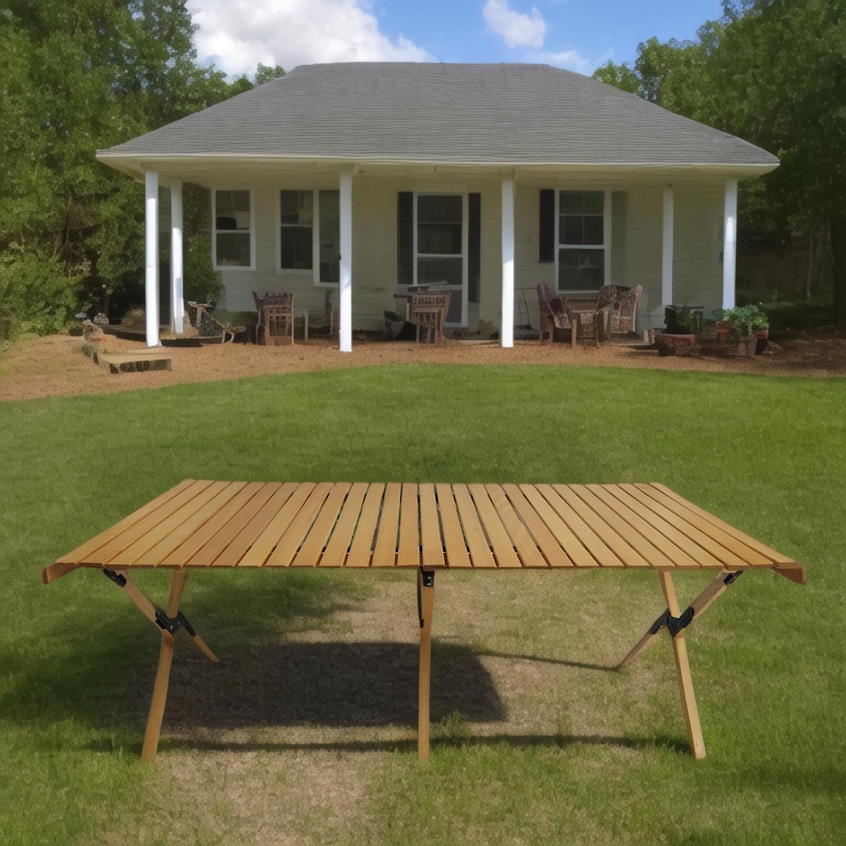 Multi-Function Wooden Foldable Patio Dining Table with Roll-Up Top - Natural