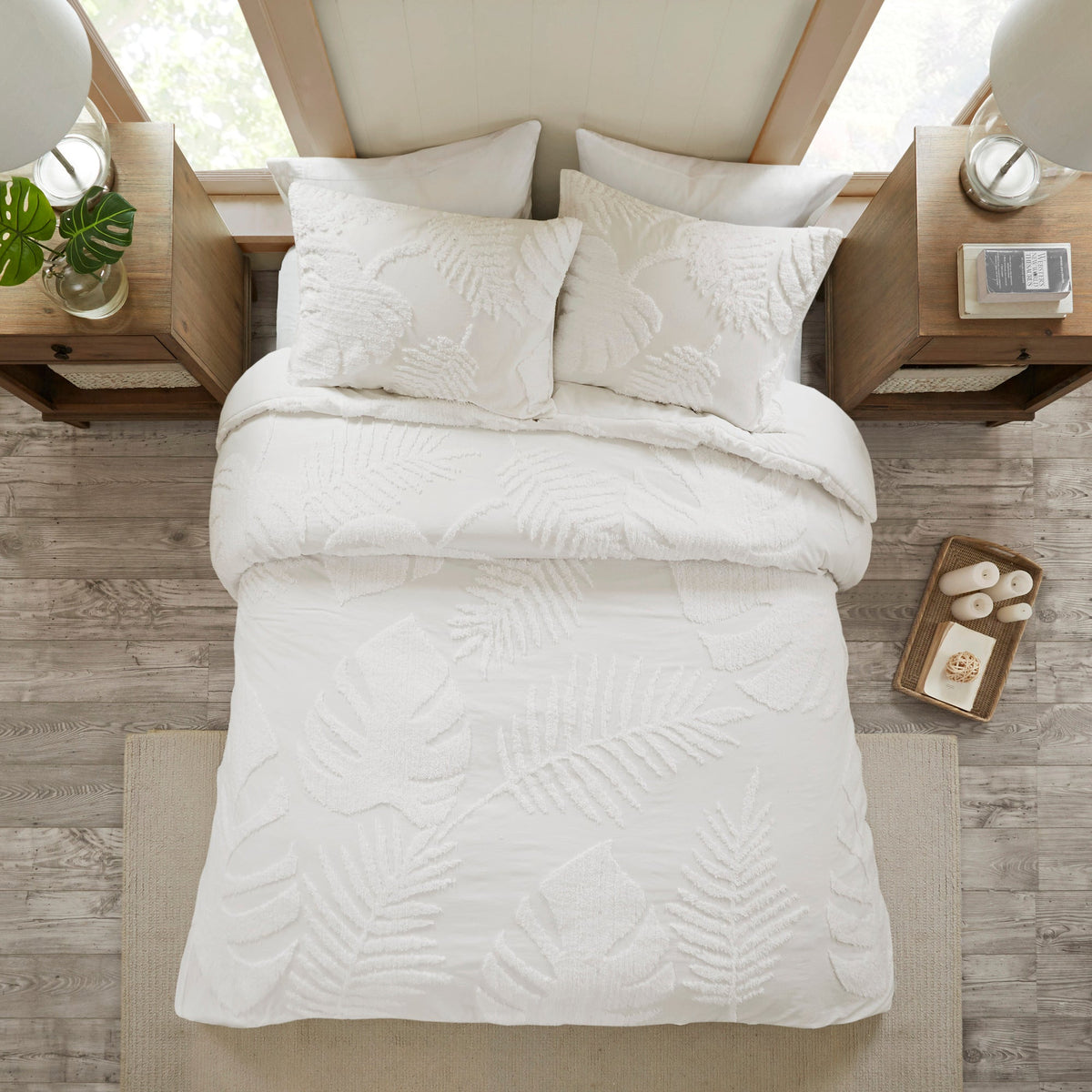 Off-White Tufted Cotton Chenille Palm Comforter Set with Palm Leaf Design - Full/Queen
