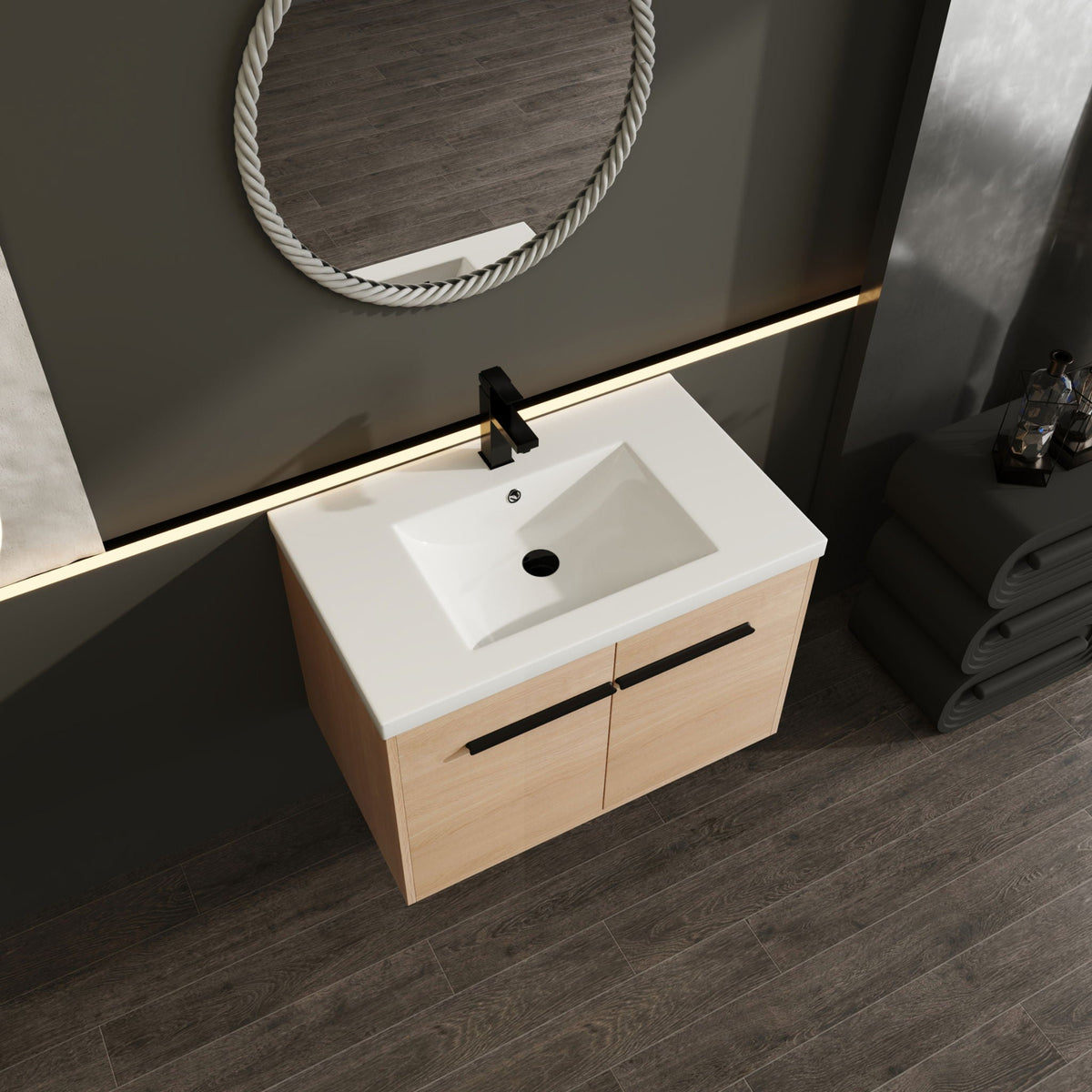 Bathroom Vanity Set with Resin Countertop Sink and 2 Doors - Light Brown Oak