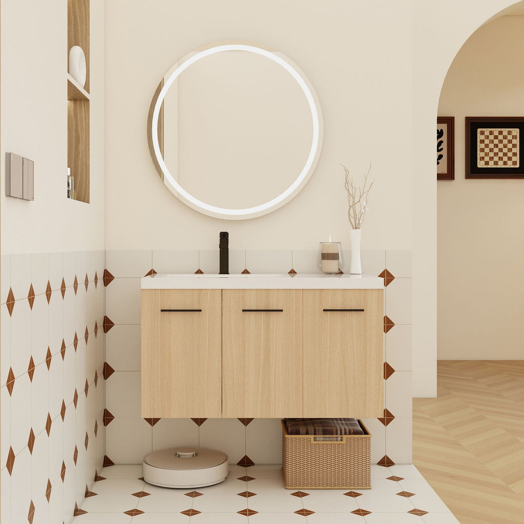 Wall Mounted Floating Bathroom Vanity with Modular 3-Door Cabinet - Light Brown