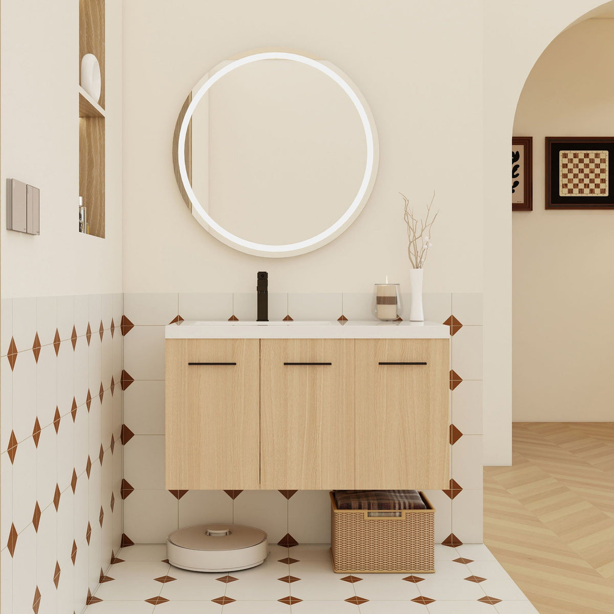 Wall Mounted Floating Bathroom Vanity with Modular 3-Door Cabinet - Light Brown