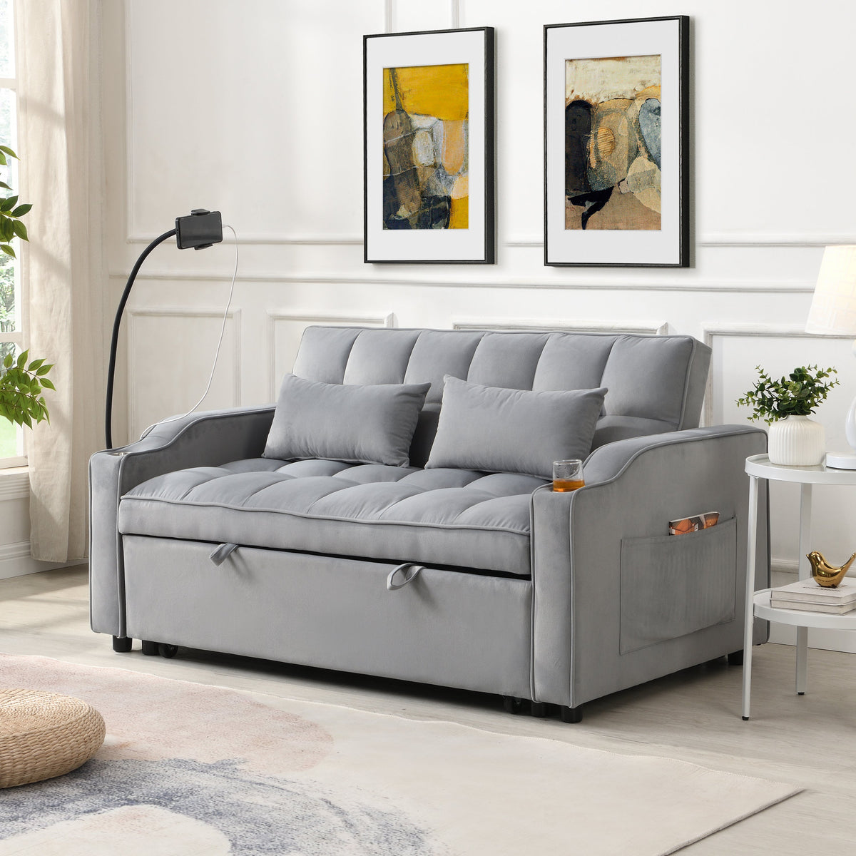 Modern Velvet Sleeper Loveseat with Pullout Bed and USB Ports - Light Gray