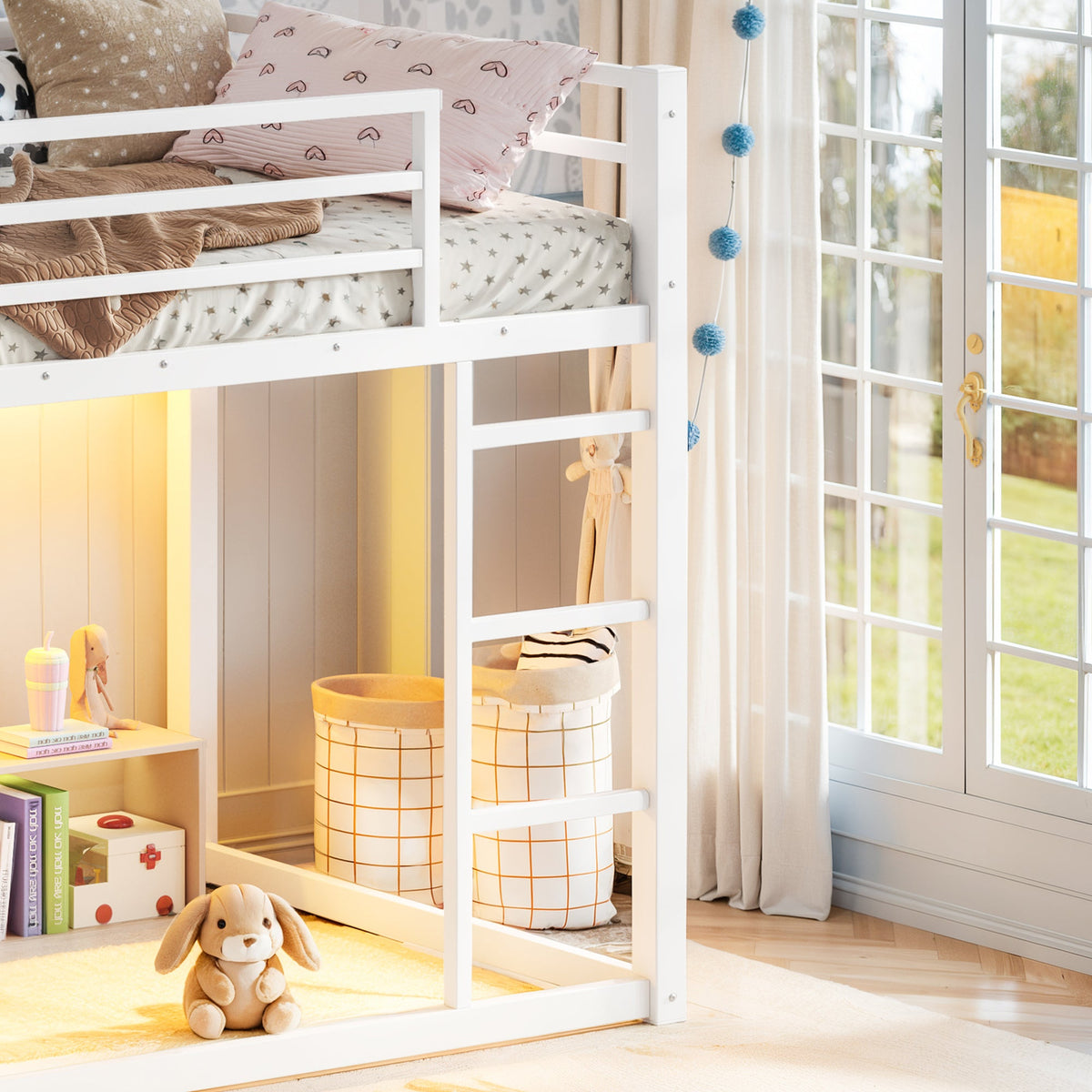 Twin Over Twin Bunk Bed with Storage Shelves and LED Lights - White