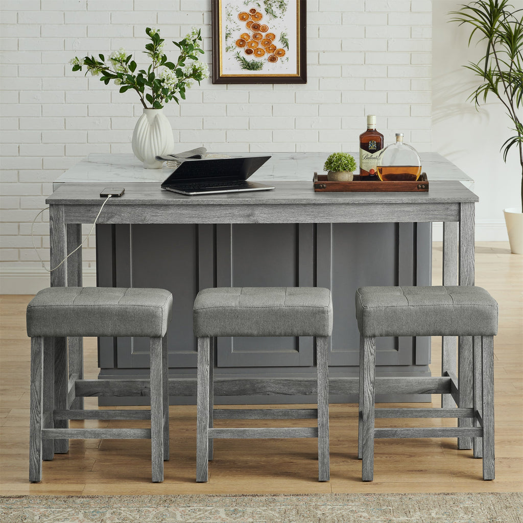 59 Inch Bar Table and Chair Set with Power Outlet - Solid Wood & MDF