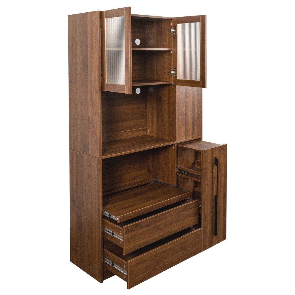 Tall Kitchen Pantry Cabinet with 4 Tier Side Shelf - Walnut