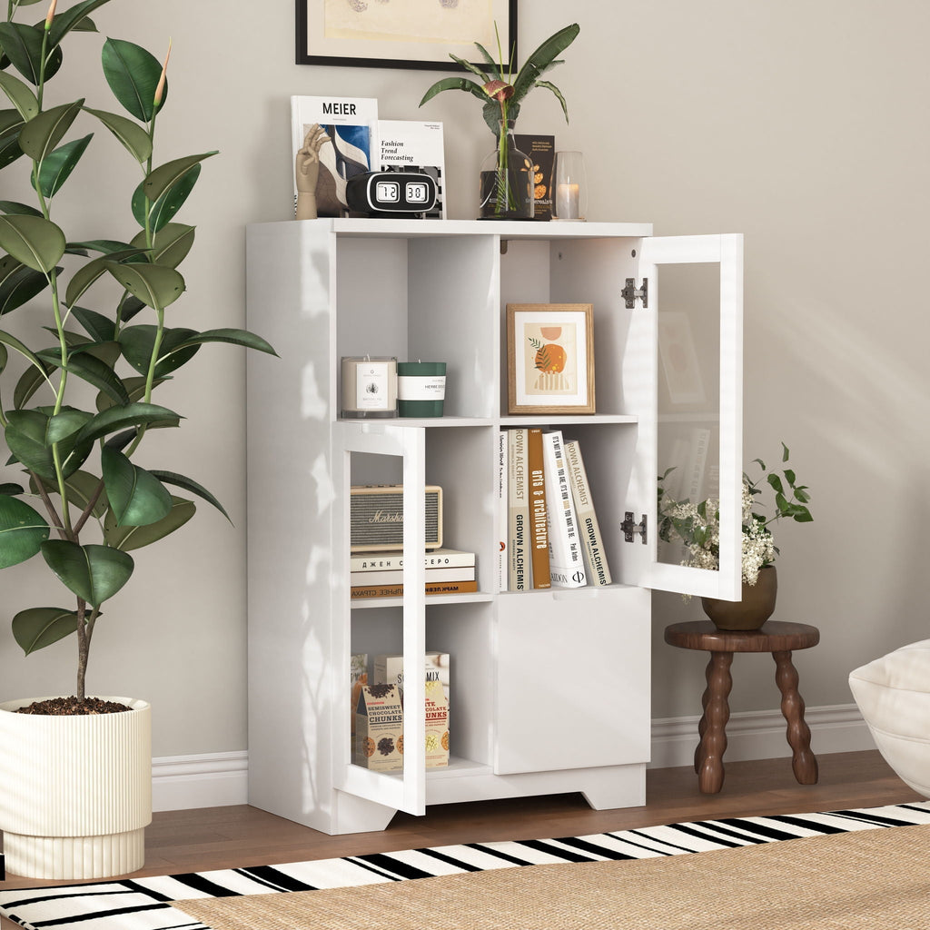 Modern Cabinet with Glass Doors and Drawer - Adjustable Shelves - Multiple Colors