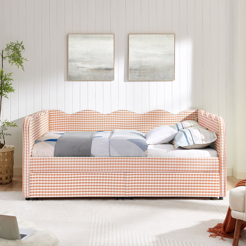 Gingham Daybed with USB Charging Port and Wave-Shaped Design - Multiple Colors