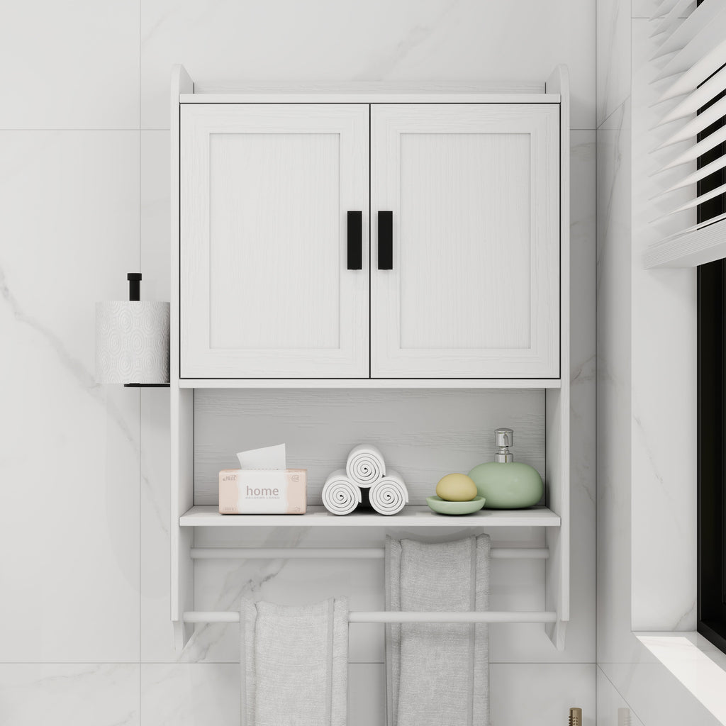 Bathroom Wall Cabinet with Adjustable Shelf and Towel Bar - White