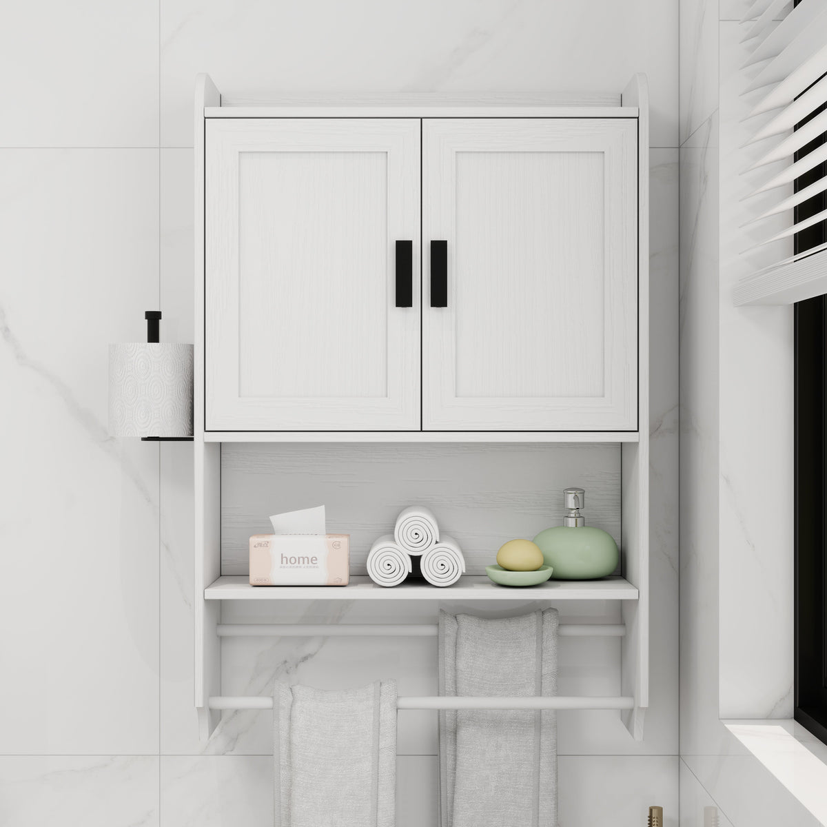 Bathroom Wall Cabinet with Adjustable Shelf and Towel Bar - White