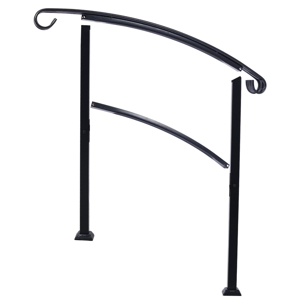 Black Wrought Iron Outdoor Step Handrail with Flexible Installation - Fits 1 to 3 Steps