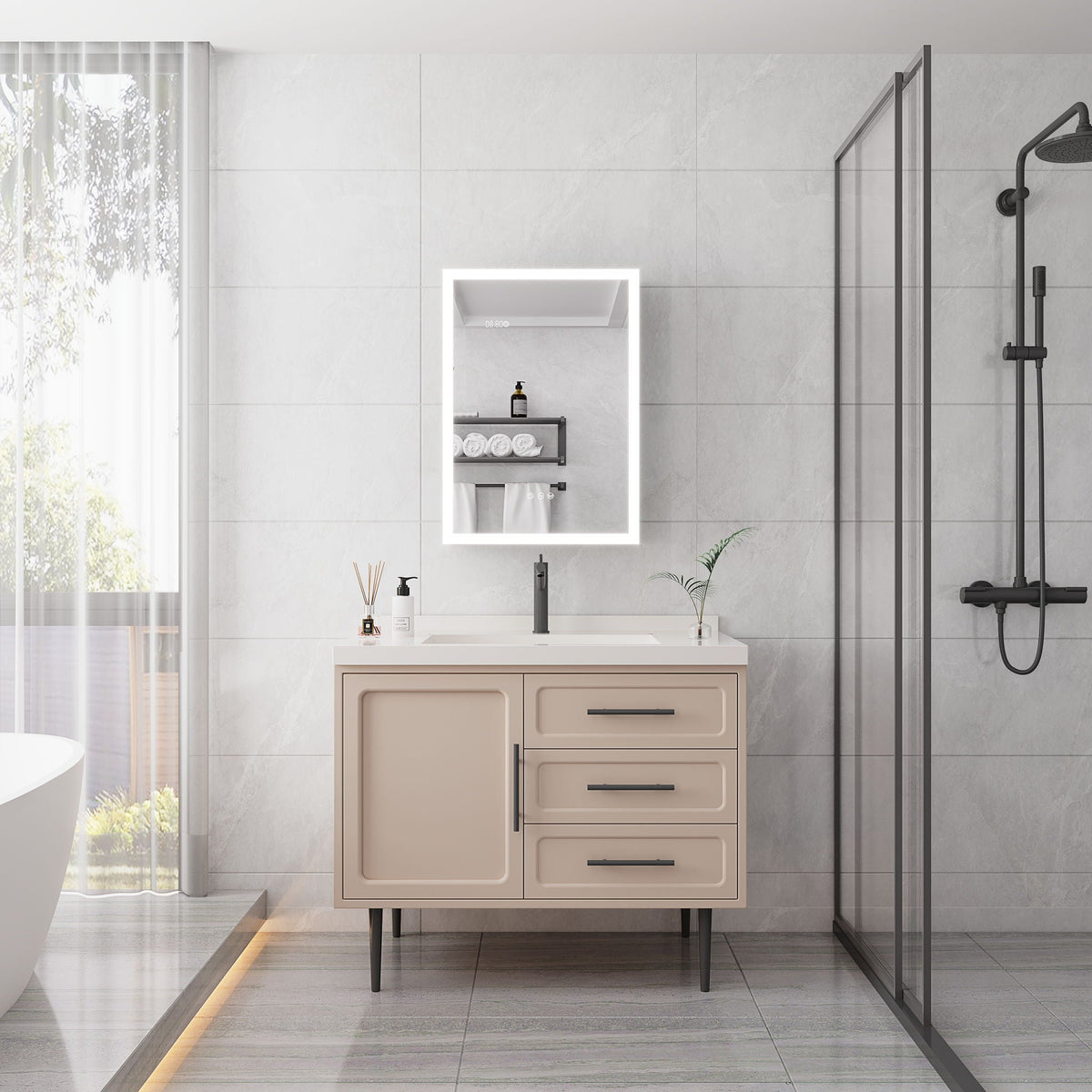 LED Medicine Cabinet With Defogger and Digital Display - Pearl Silver