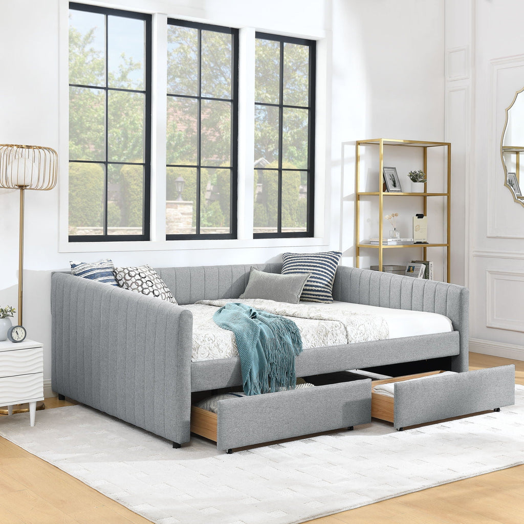 Upholstered Queen Daybed with 2 Drawers - Fabric Storage Bed - Beige or Gray