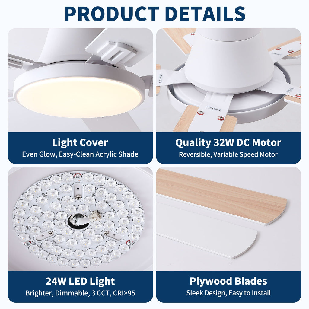 Flush Mount Ceiling Fan with LED Light and Remote Control - Black, White, Pearl Silver