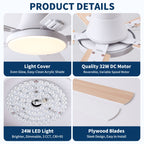 Flush Mount Ceiling Fan with LED Light and Remote Control - Black, White, Pearl Silver