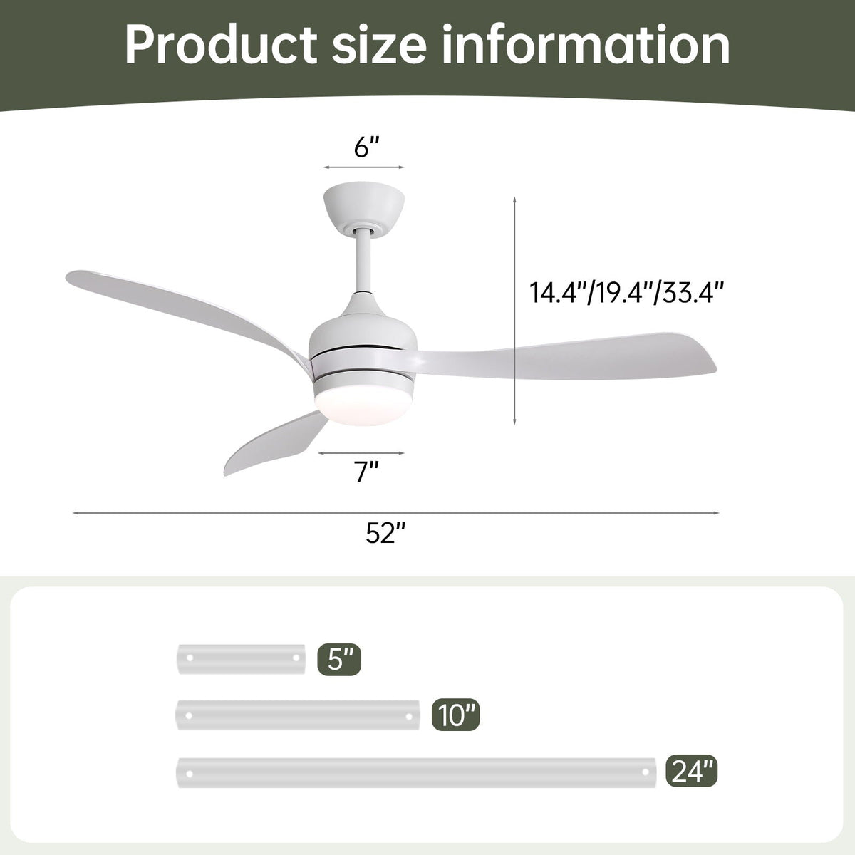 Ceiling Fan with Reversible DC Motor and Remote Control - White or Dark Brown