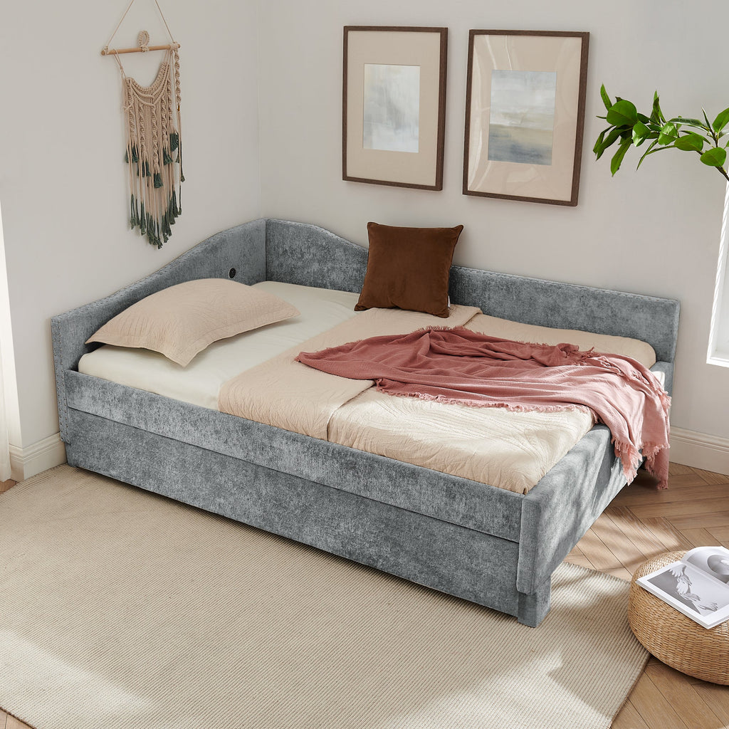 Full Size Curved Chenille Daybed with Trundle and USB Port
