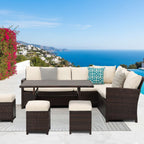 7 Piece Patio Dining Set with Cushions, Modular Sectional Sofa & Storage Table - Blue or Beige