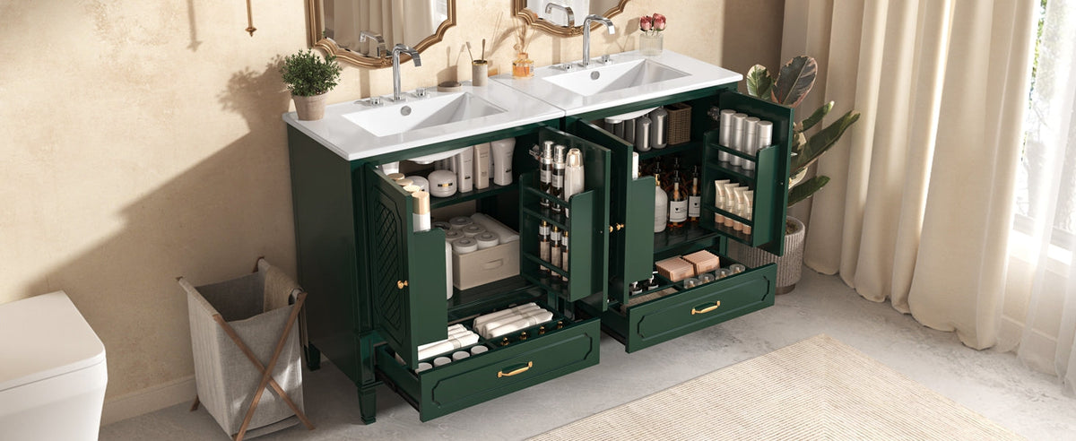 60" Double Sink Bathroom Vanity with Ample Storage - Green
