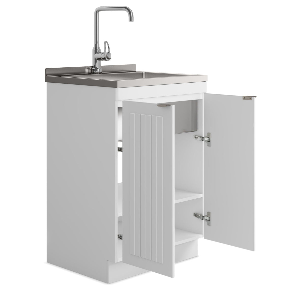 Laundry Cabinet with Stainless Steel Sink and Faucet - White