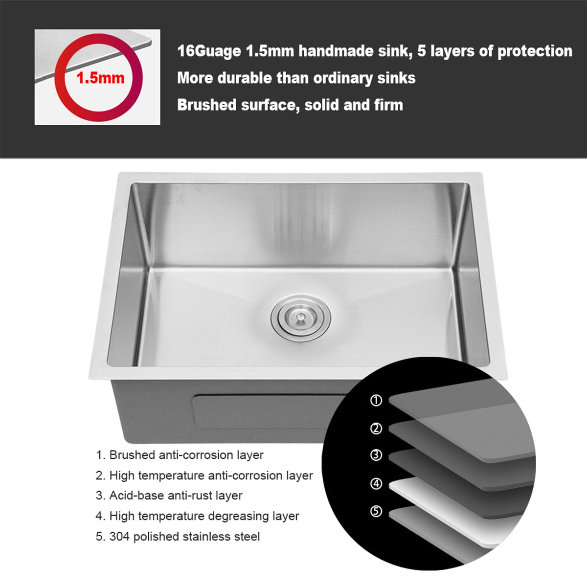 Modern Undermount Stainless Steel Kitchen Sink 16 Gauge, Deep Single Bowl - Gray