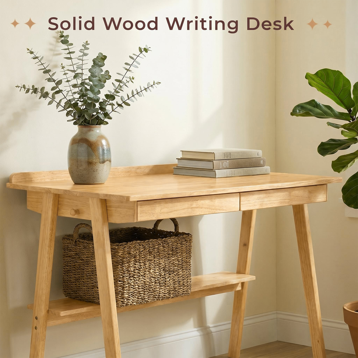 Solid Wood Writing Desk with Drawers & Storage Shelf - Mid Century Modern