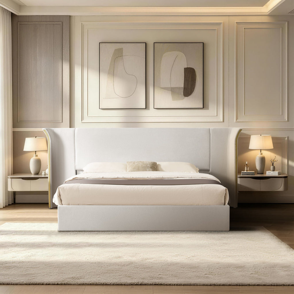 King Size Luxury Wing-Back Upholstered Bed Frame with Padded Headboard - Beige