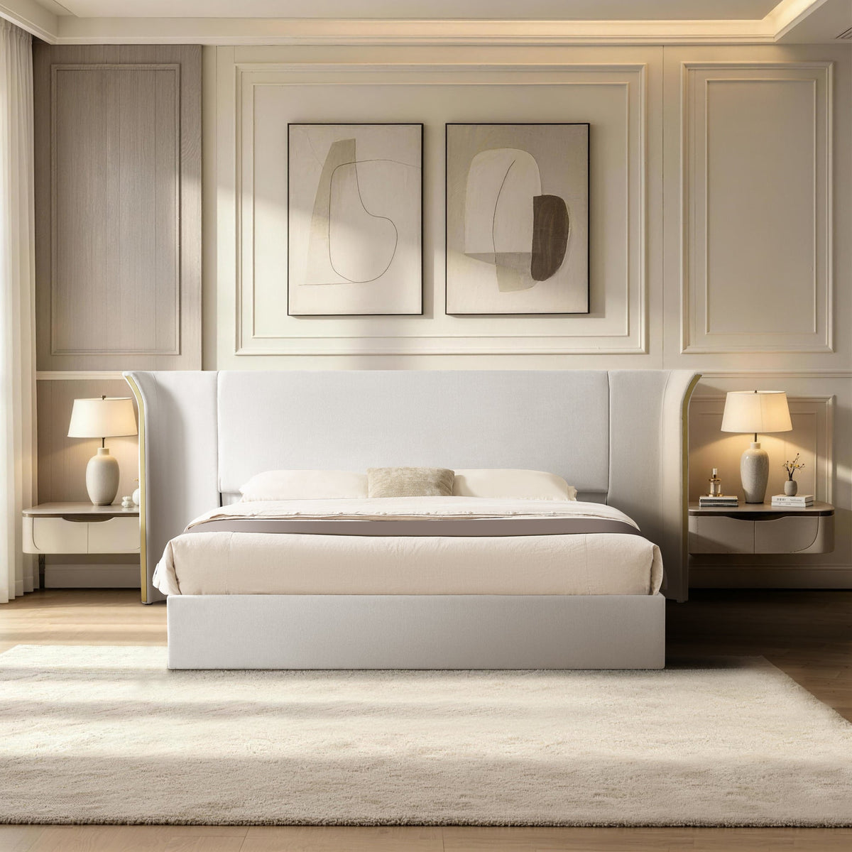 King Size Luxury Wing-Back Upholstered Bed Frame with Padded Headboard - Beige
