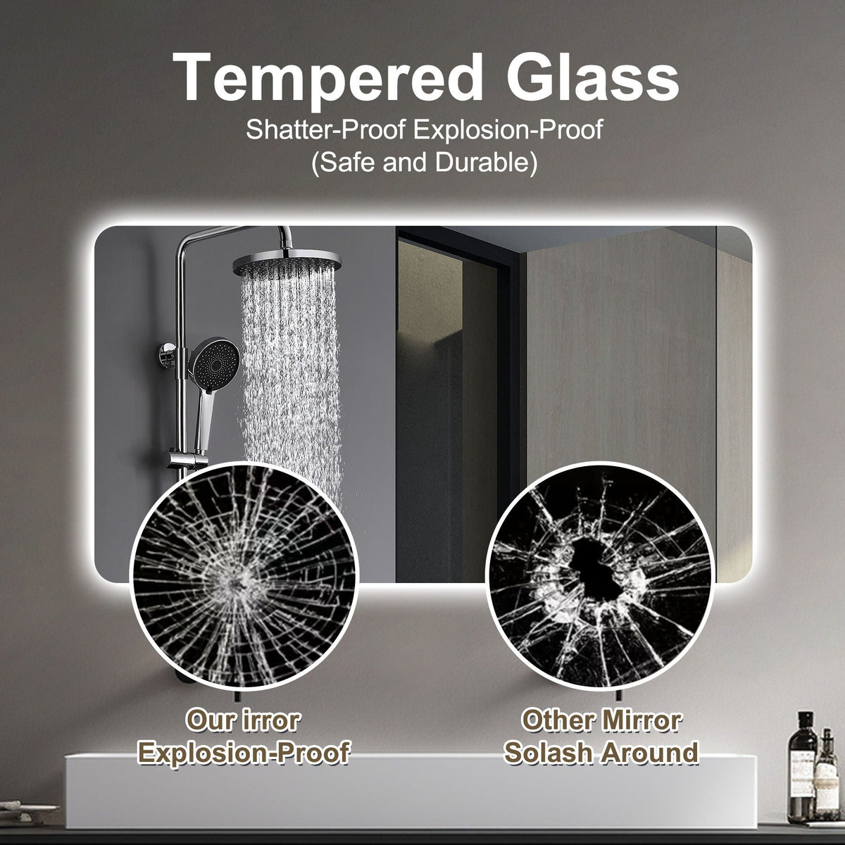 Wall Mounted LED Lighting Mirror with 3-Color Dimmable Light - Silver