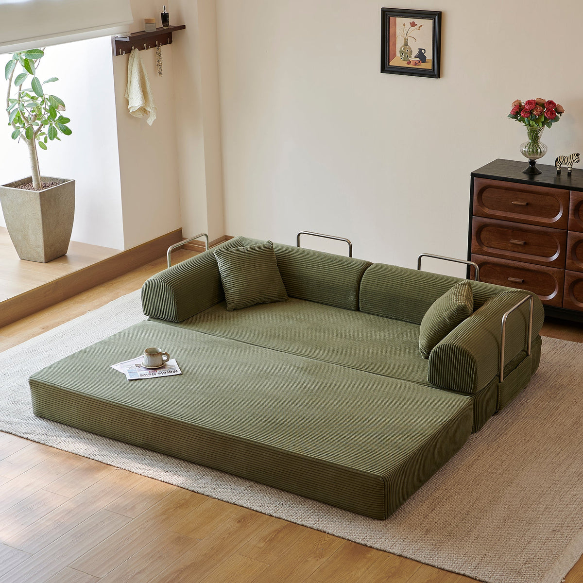 78.8" Compression Sofa - Convertible Floor Sofa Bed with Plush Fabric - Green