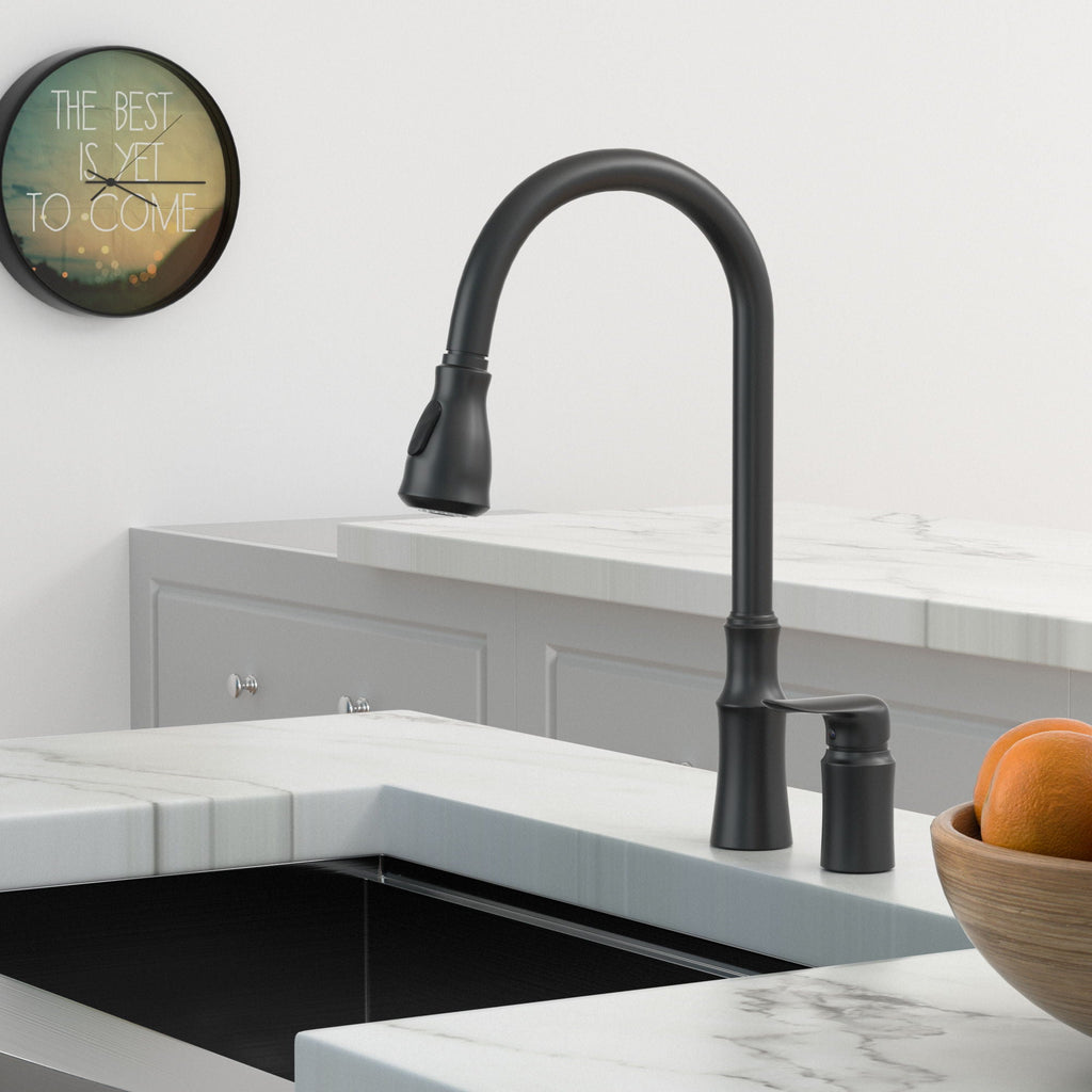 Matte Black Kitchen Sink Faucet with Pull Down Sprayer - Lead-Free Brass