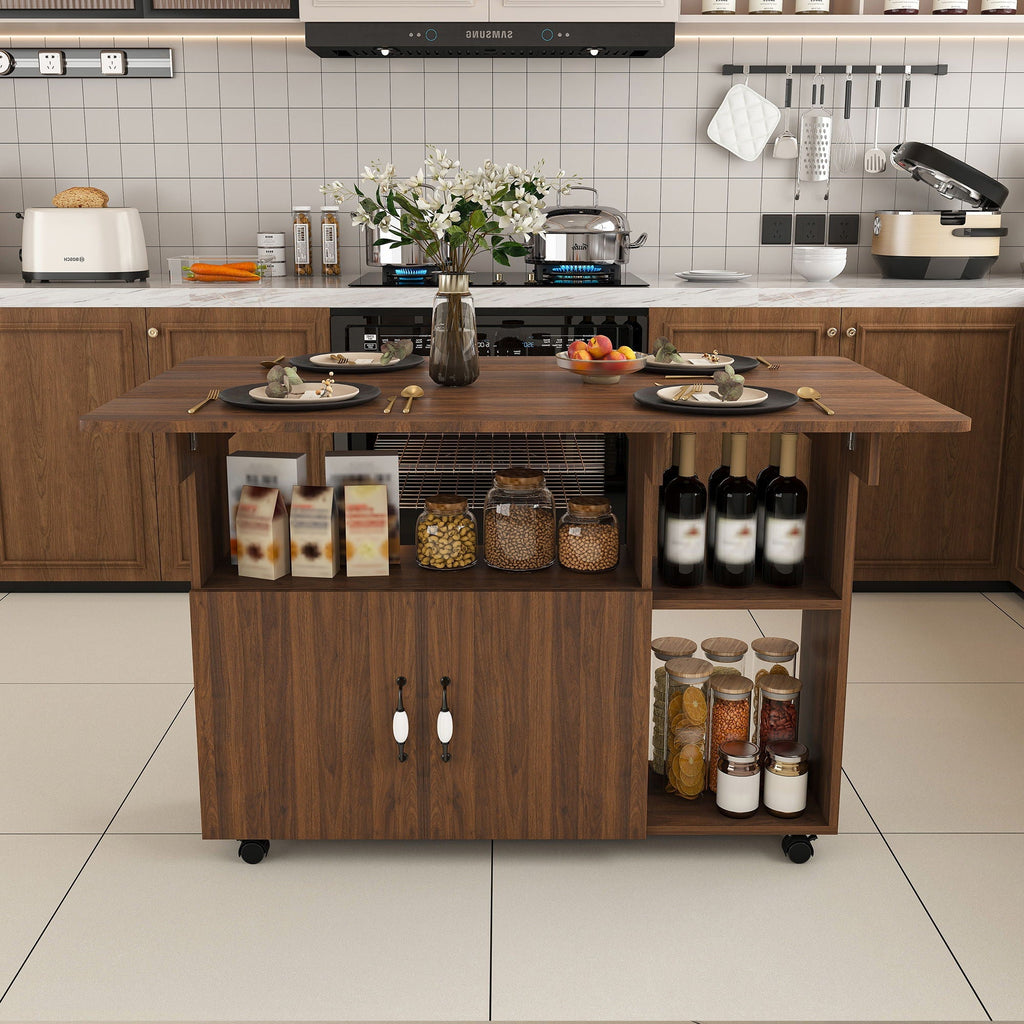 Multi Functional Folding Table with Storage Shelves and Wheels - Light Brown or Dark Brown