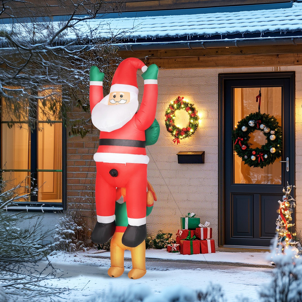 7ft Hanging Christmas Inflatable Santa with Dog with LED Lights - Brown, Green, Red